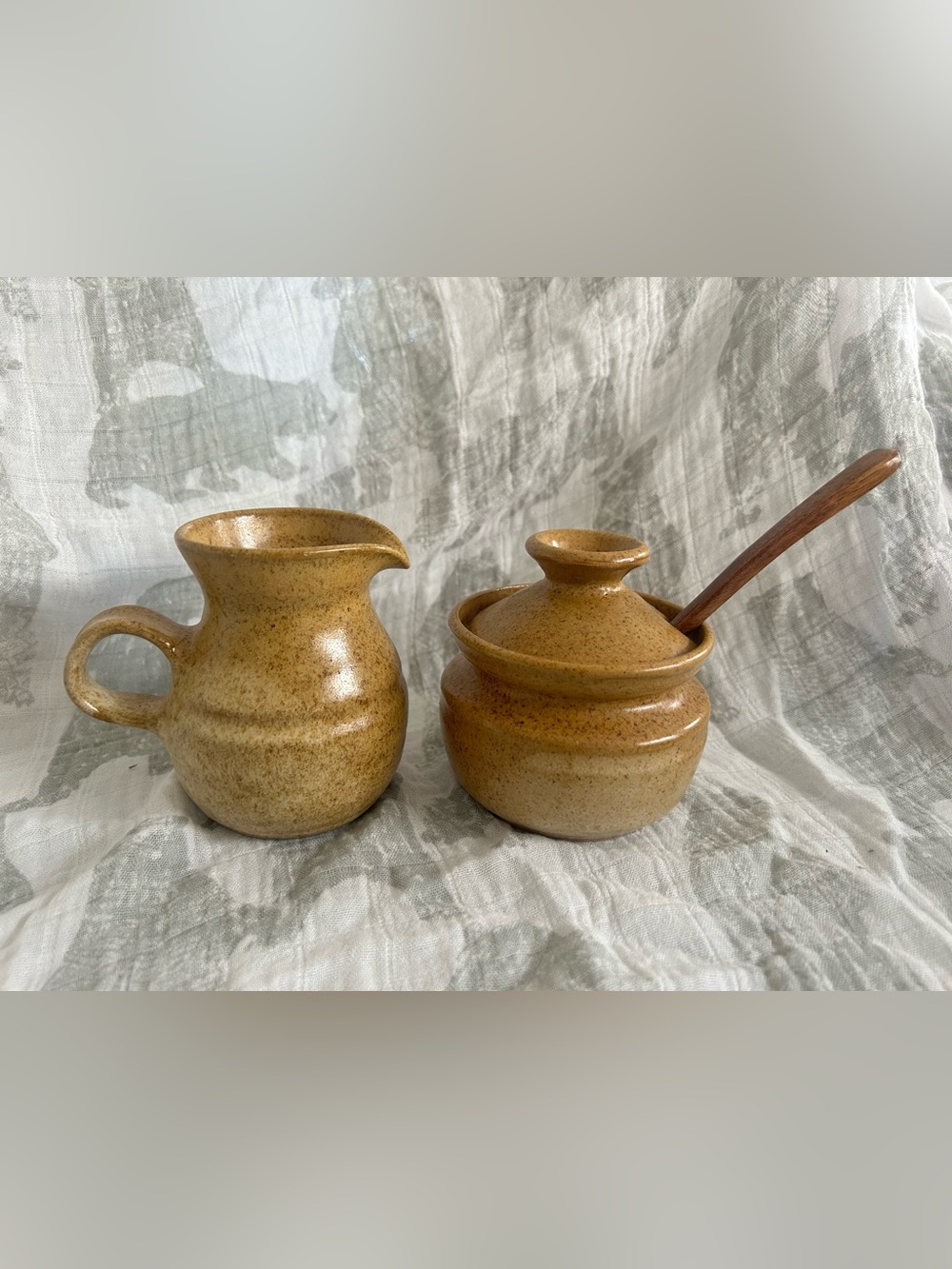 Pottery Cream & Sugar w Wooden Spoon